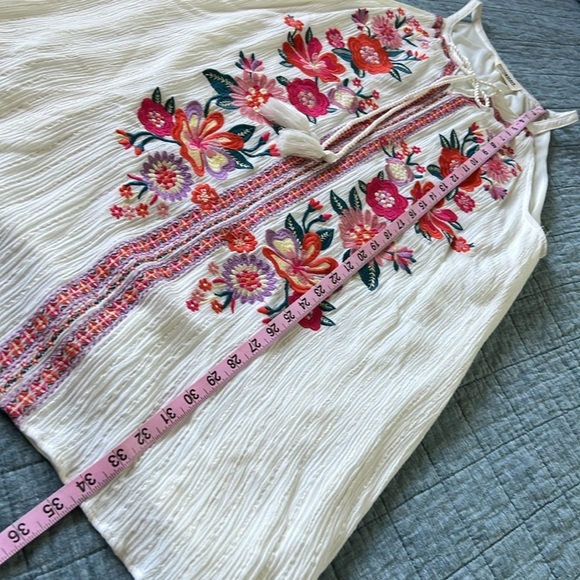 SAVANNA JANE Floral Embroidered Sleeveless Tie-Neck Mini Dress in Cream | Large - Picture 7 of 8